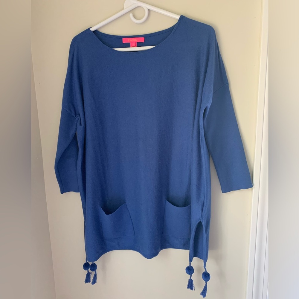 Lilly Pulitzer Elba Coolmax Oversized Boxy Poncho Sweater Iris Blue Womens Sz Sm